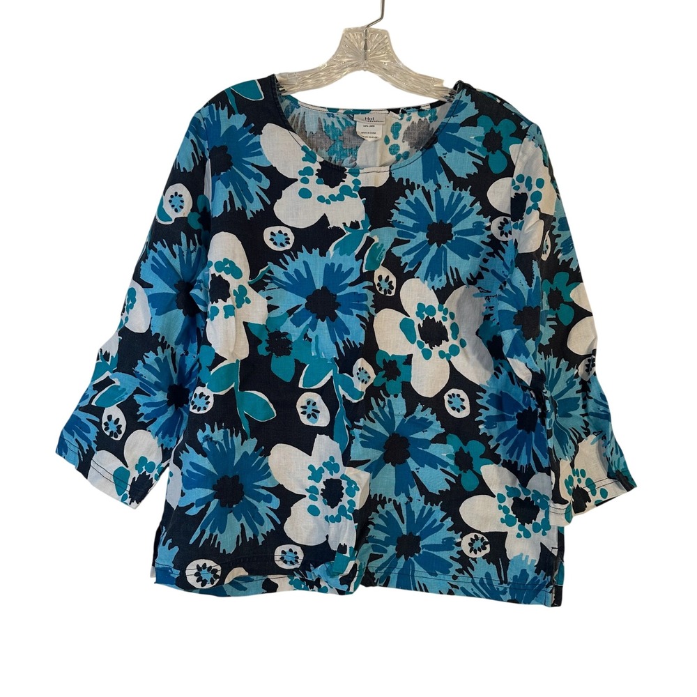 Hot Cotton Womens Blue Floral 100% Linen 3/4 Sleeve Blouse Top Medium coastal